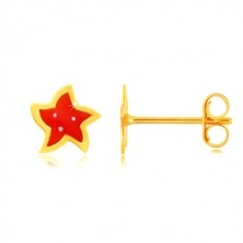 Zlaté náušnice 14K - hvězda s pěti cípy, červenou glazurou a bílými tečkami