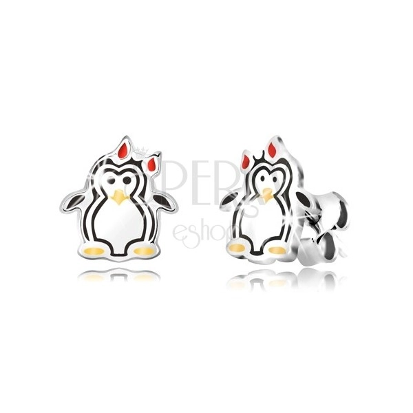 Stříbrné náušnice 925 - lesklý tučňák s mašličkou, trojbarevná glazura