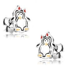 Stříbrné náušnice 925 - lesklý tučňák s mašličkou, trojbarevná glazura