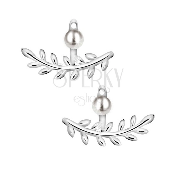 Náušnice ze stříbra 925 - lesklá větvička s listy, kulatá perla bílé barvy