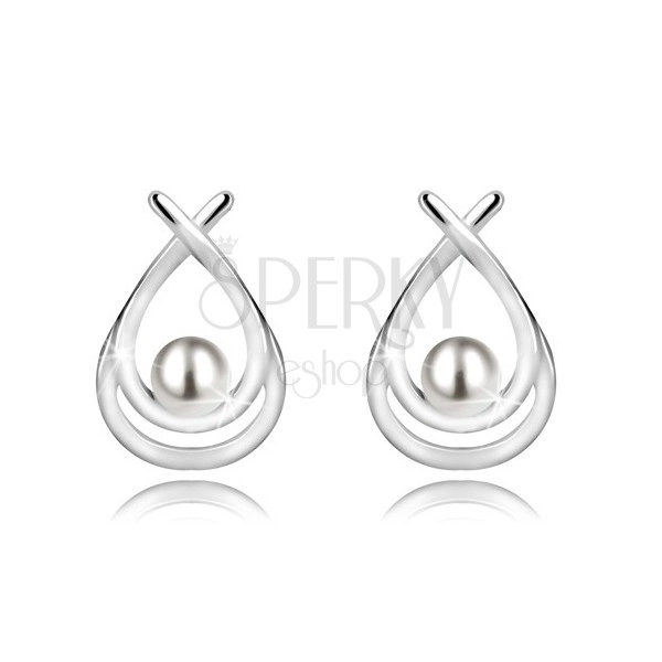 Stříbrné náušnice 925 - dvojitá kontura kapky s perlou, překřížené linie