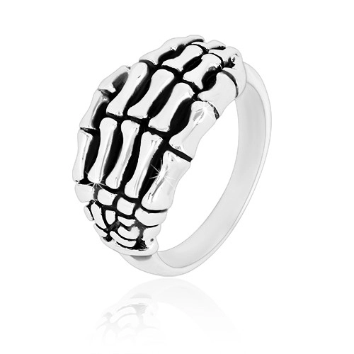 Prsten ze stříbra 925 - detailně tvarovaná kostra ruky, lesklá ramena, patina - Velikost: 52