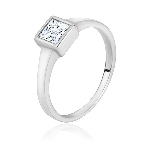 Stříbrný prsten 925 - úzká lesklá ramena, transparentní zirkonový čtverec - Velikost: 60