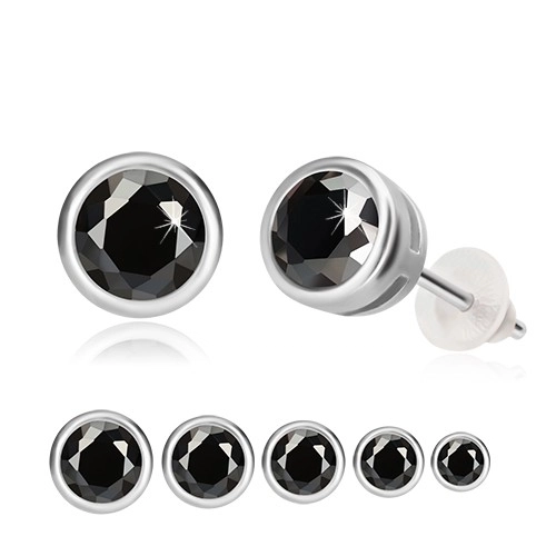 Stříbrné náušnice 925 - černý zirkon, kulatá objímka, puzetky  - Hlavička: 5 mm