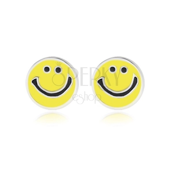 Stříbrné náušnice 925 - usmívající se smajlík zdobený žlutou glazurou, puzetky