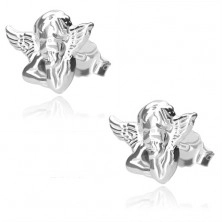 Stříbrné náušnice 925 - zamyšlený anděl s křídly, lesklý povrch, puzetky