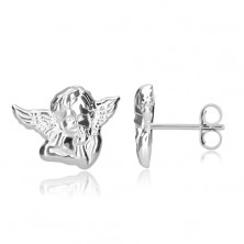 Stříbrné náušnice 925 - zamyšlený anděl s křídly, lesklý povrch, puzetky