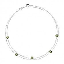 Stříbrný náramek 925 na kotník - dvojitý řetízek, olivově zelené pyrity