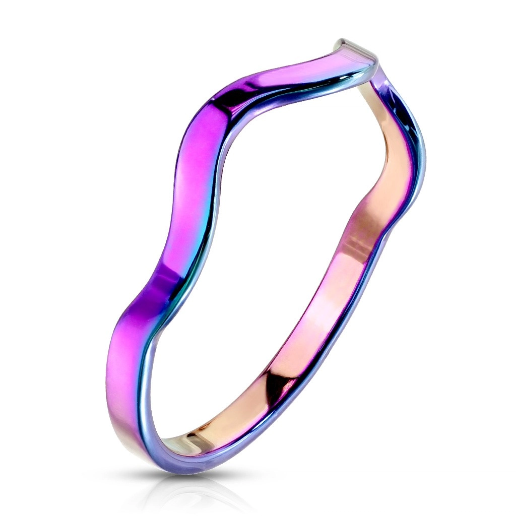 Prsten z oceli v duhovém barevném odstínu - motiv vlnky, úzká ramena - Velikost: 59