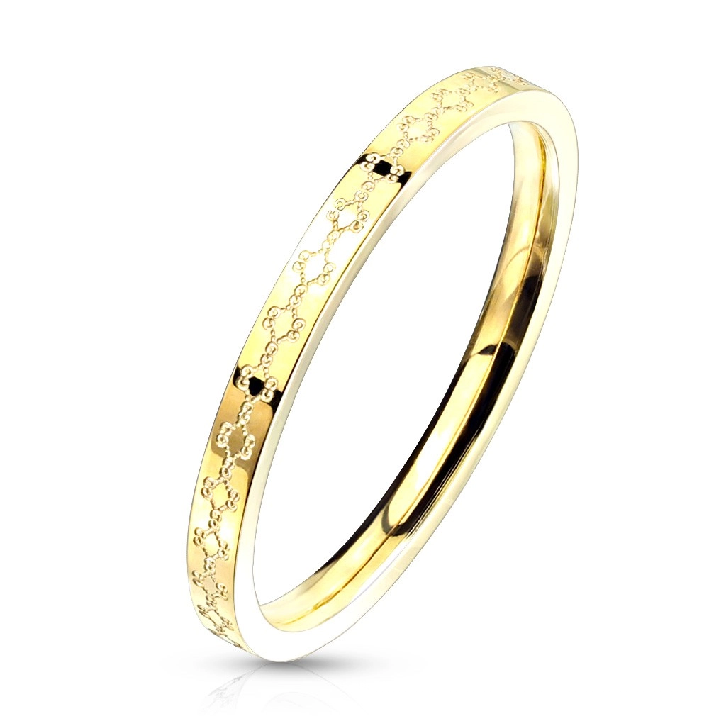 Ocelový prstýnek ve zlatém barevném provedení - filigránový vzor, úzká ramena, 2 mm - Velikost: 59