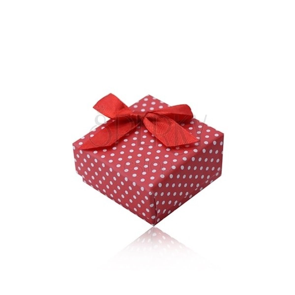 Červená dárková krabička na prsten nebo náušnice, bílé tečky, mašlička