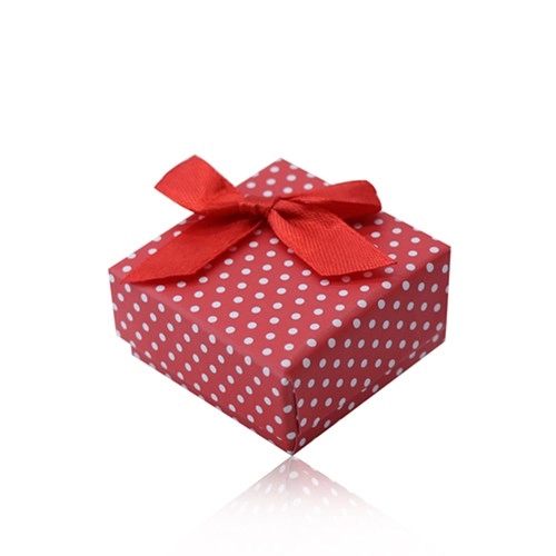 Levně Červená dárková krabička na prsten nebo náušnice, bílé tečky, mašlička