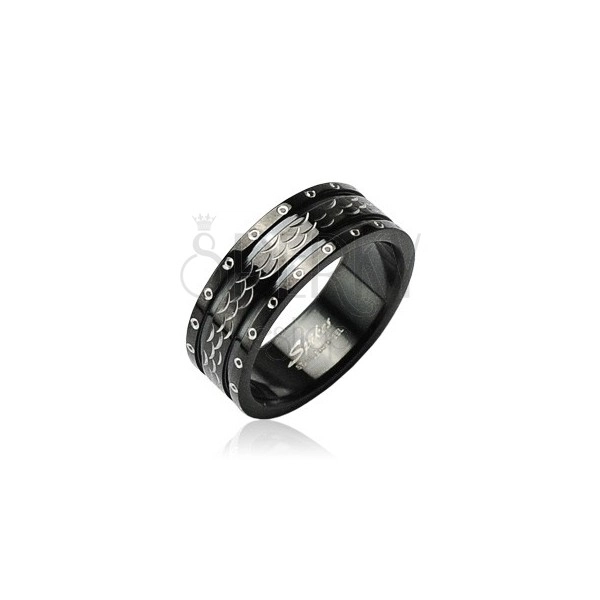 Ocelový prsten vlnky - kroužky po obvodu