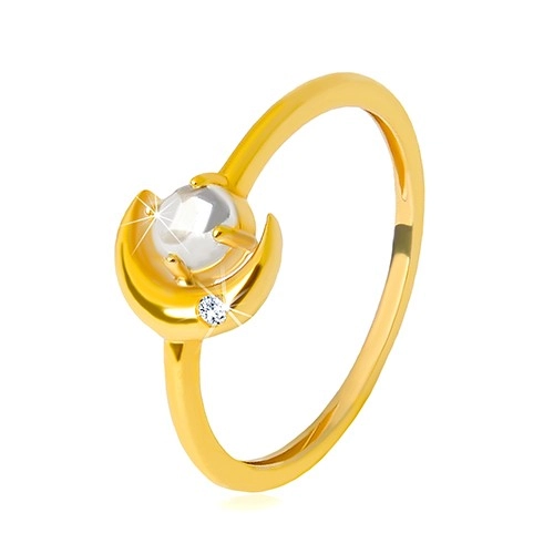 Prsten ve žlutém 9K zlatě - půlměsíc se zirkonkem, kulatý zirkon ve tvaru kabošonu - Velikost: 51
