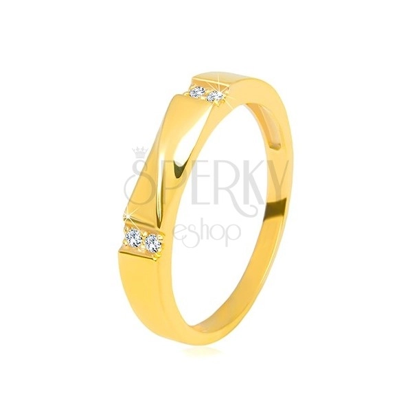 Zlatý prsten ve 14K zlatě - čiré zirkony, lesklá vlnka, hladká ramena, 3,5 mm