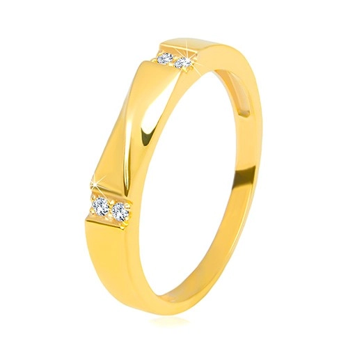 Zlatý prsten ve 14K zlatě - čiré zirkony, lesklá vlnka, hladká ramena, 3,5 mm - Velikost: 60