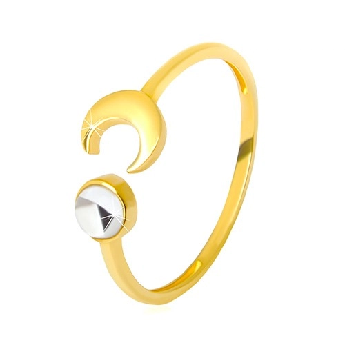 Zlatý prsten 375 - lesklý půlměsíc, čirý zirkon ve tvaru kabošonu - Velikost: 51