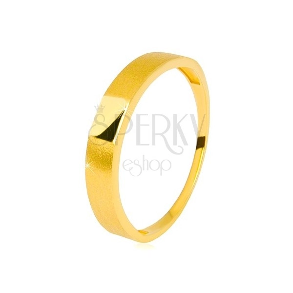 Prsten ve 14K zlatě - lesklý obdélník uprostřed, ramena se saténovým povrchem, 3,5 mm