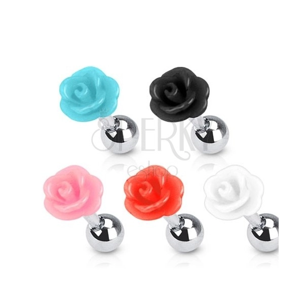 Ocelový piercing do ucha - motiv rozkvetlé růžičky z akrylu, kulička