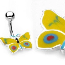 Piercing do pupíku žluto-modrý motýlek