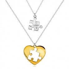 Dvojset ze stříbra 925 - dva náhrdelníky, puzzle s nápisem, srdce s vyřezaným dílkem puzzle uprostřed