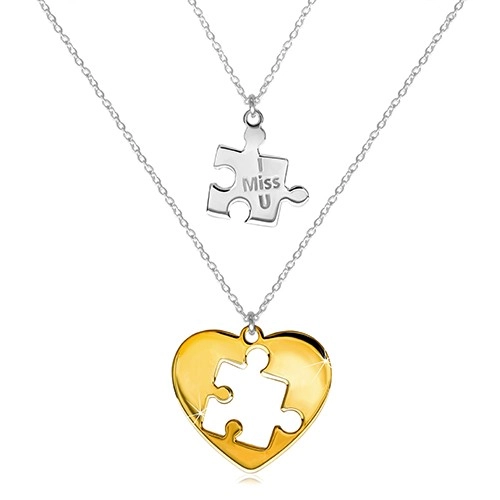 Levně Dvojset ze stříbra 925 - dva náhrdelníky, puzzle s nápisem, srdce s vyřezaným dílkem puzzle uprostřed