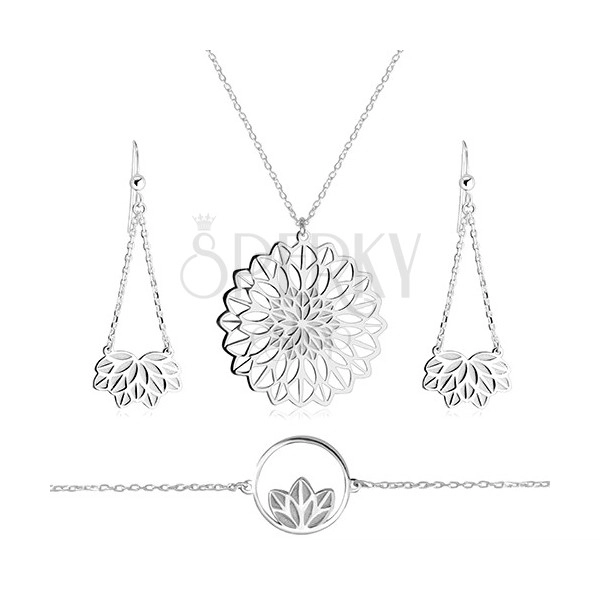 Stříbrný trojset 925 - náhrdelník, náramek, náušnice, motiv květu s vykrojenými okvětními lístky
