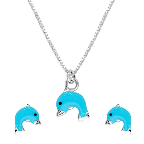 Levně Stříbrný 925 dvojset - náhrdelník a náušnice, delfínek s modrou glazurou