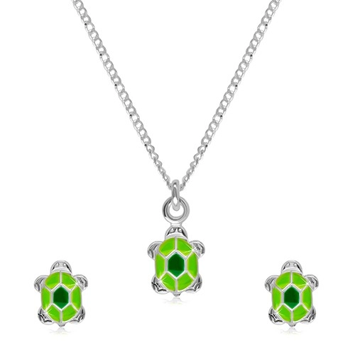 Levně Stříbrná 925 dvojdílná sada - náhrdelník a náušnice, želvička se zelenou glazurou na krunýři