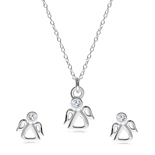 Dvojset ze stříbra 925 - náušnice a náhrdelník, vykrajovaný andílek s čirým zirkonem 