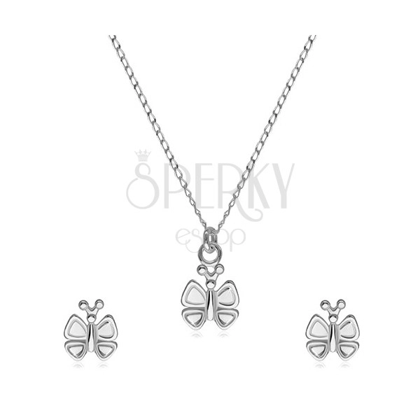 Stříbrná 925 dvojdílná sada - náušnice a náhrdelník, motýlek s ozdobenými křidélky