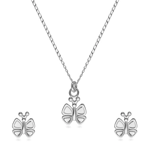 Levně Stříbrná 925 dvojdílná sada - náušnice a náhrdelník, motýlek s ozdobenými křidélky