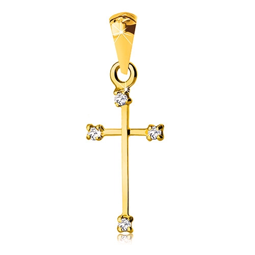 Přívěsek ze žlutého 14K zlata - křížek s úzkými rameny a čirými zirkony