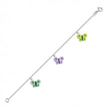 Stříbrný náramek 925 pro děti - motýlci se zelenou a fialovou glazurou