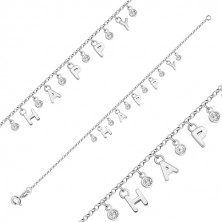 Náramek ze stříbra 925 - písmenka vytvářející nápis "HAPPY", kulaté čiré zirkony