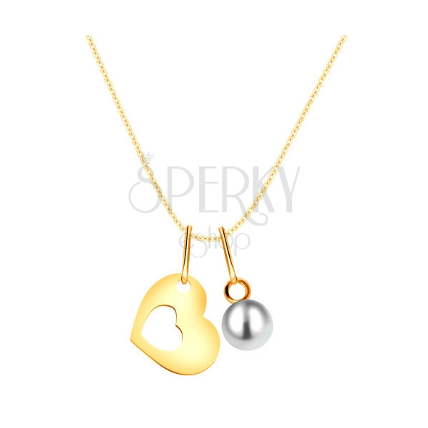 Zlatý náhrdelník 375 - silueta srdce s výřezem uprostřed, kulatá bílá perla 