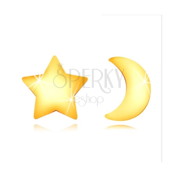 Náušnice ve žlutém 9K zlatě - lesklý měsíček a hvězdička, puzetky