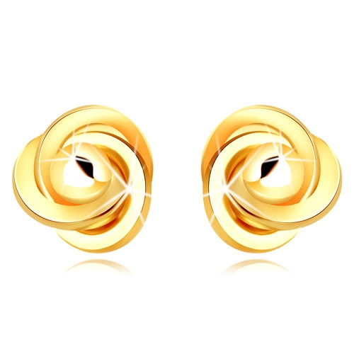 Zlaté 9K náušnice - tři propletené prstence s hladkou kuličkou, puzetky
