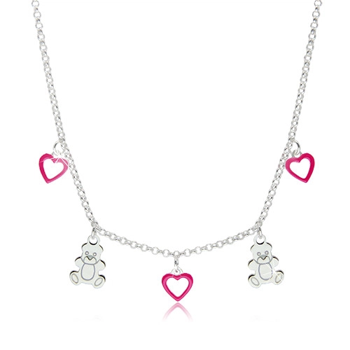 Levně Dětský stříbrný 925 náhrdelník - kontury srdíček s růžovou glazurou a lesklí medvídci
