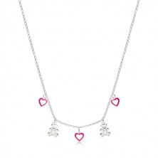 Dětský stříbrný 925 náhrdelník - kontury srdíček s růžovou glazurou a lesklí medvídci