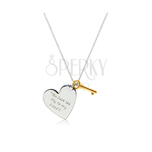 Stříbrný náhrdelník 925 - srdce s nápisem "You have the key to my heart", klíček zlaté barvy