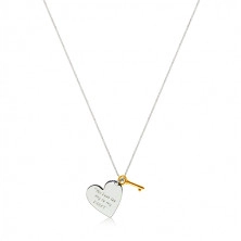 Stříbrný náhrdelník 925 - srdce s nápisem "You have the key to my heart", klíček zlaté barvy