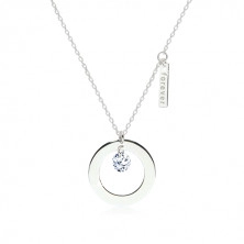 Lesklý náhrdelník ze stříbra 925 - kontura kruhu s výřezem, známka s nápisem "forever", čirý zirkon