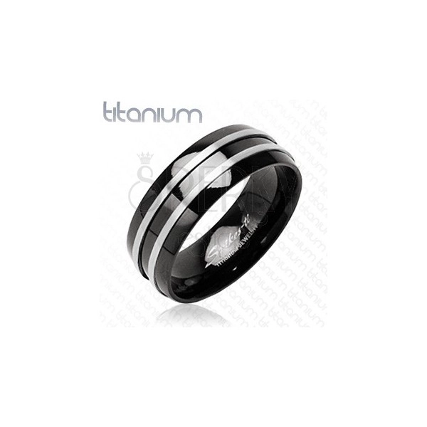 Černý prsten z titanu - dva stříbrné tenké pásy