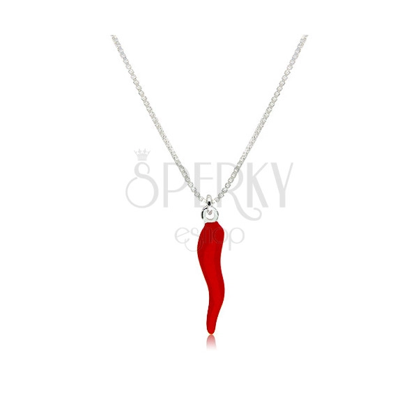 Stříbrný 925 náhrdelník - chilli paprička s červenou glazurou, lesklý hranatý řetízek
