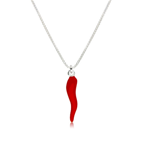 Stříbrný 925 náhrdelník - chilli paprička s červenou glazurou, lesklý hranatý řetízek