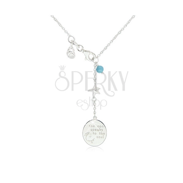 Lesklý náhrdelník ze stříbra 925 - modrá kulička, hvězdice, mušle a známka s nápisem