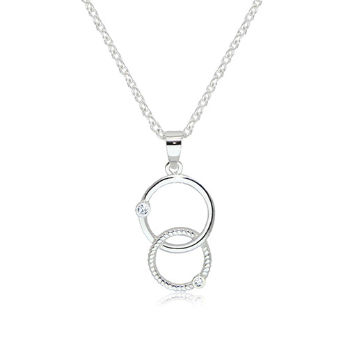 Lesklý náhrdelník ze stříbra 925 - dva propletené obrysy kruhů se zirkony čiré barvy
