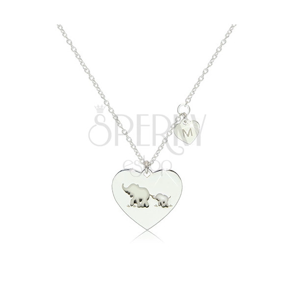Stříbrný 925 náhrdelník - dvě lesklá symetrická srdíčka se slony a písmenem "M"