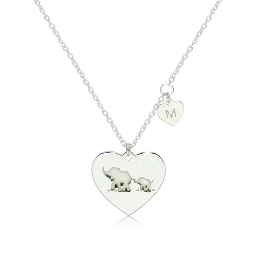 Stříbrný 925 náhrdelník - dvě lesklá symetrická srdíčka se slony a písmenem 